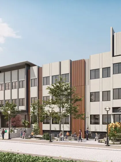 An architectural render of the Jindal Public School facade. This visualization was a crucial step in developing the final design, allowing us to refine the balance of materials, colors, and massing to achieve a simple yet timeless look.