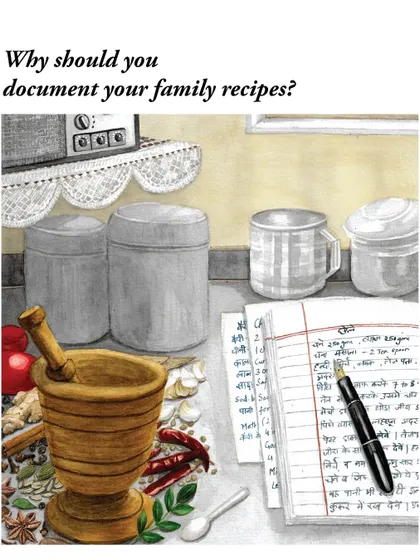 Why should you document your family recipes? This illustration of a traditional kitchen with a handwritten recipe book is a powerful reminder of the heritage we must preserve.