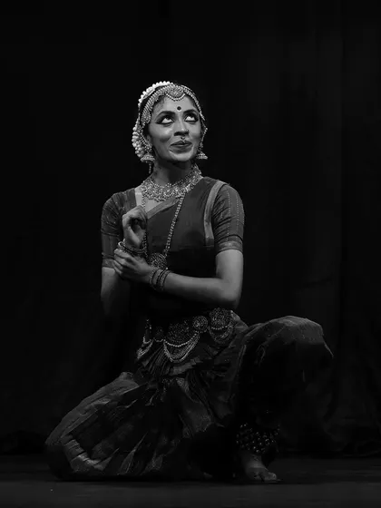 Another expressive black and white portrait, this time capturing a look of surprise and wonder, a common emotion for the Gopikas witnessing Krishna's divine leelas.