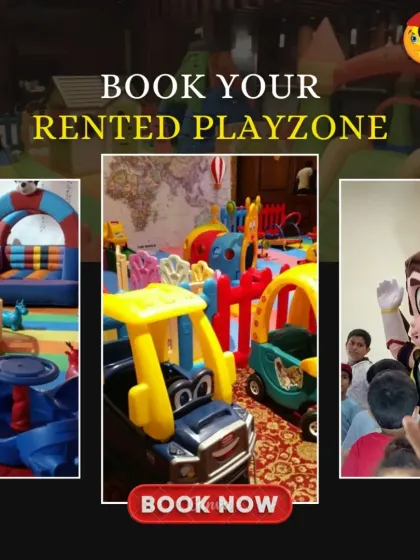 Book your rented playzone. This collage features a close-up of my ride-on toys, a bouncy castle, and a Chhota Bheem mascot, highlighting the different entertainment options I provide.