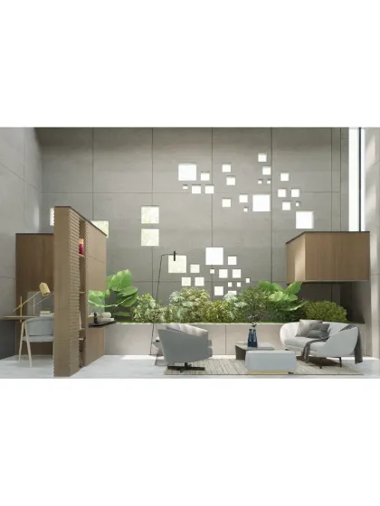 This visualization for 'House on Water' explores a study or lounge area with an integrated indoor garden and unique wall openings, blending work and nature.