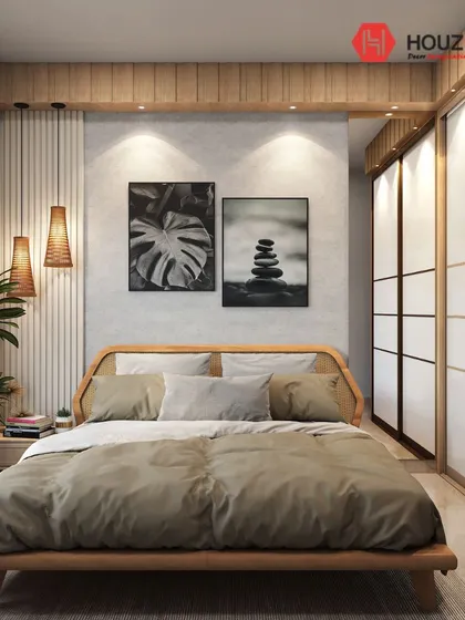 This Japandi-style bedroom is shown again to emphasize the trend of blending minimalism and natural elements. The rattan bed and neutral palette create a peaceful and harmonious atmosphere.