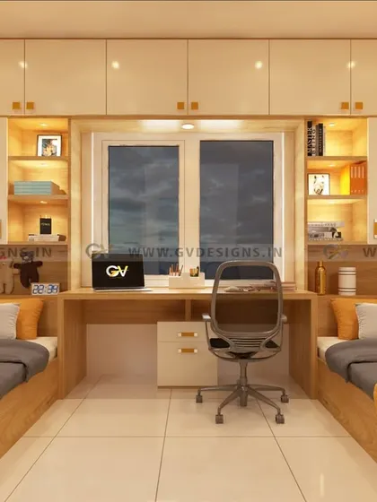 This kids' room is designed for shared spaces, featuring two single beds flanking a central study unit built around the window. The yellow and wood color scheme creates an active and productive environment, with ample loft storage and integrated lighting.