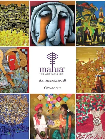 A glimpse into the variety of our Art Annual 2016 catalogue. This collage highlights the diverse styles we bring together, from abstract and figurative paintings to intricate mixed media works, representing a cross-section of contemporary Indian art.