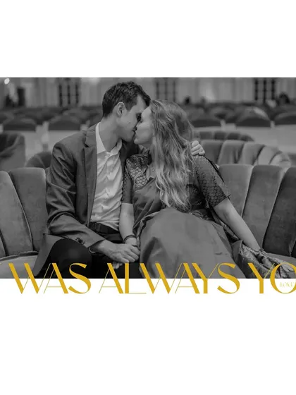 "It was always you." This black and white shot of a kiss in a grand, palace-like setting is timeless and deeply romantic, perfect for a luxury couple shoot.