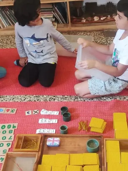 Younger children are introduced to multiplication using the golden beads. This classic Montessori material makes the concept of exchanging units for tens and tens for hundreds a concrete, physical action they can see and touch.