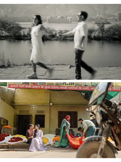 A tale of two cities in one frame: a motion-blurred black and white shot by the lake contrasts with a vibrant scene in a local flower market.