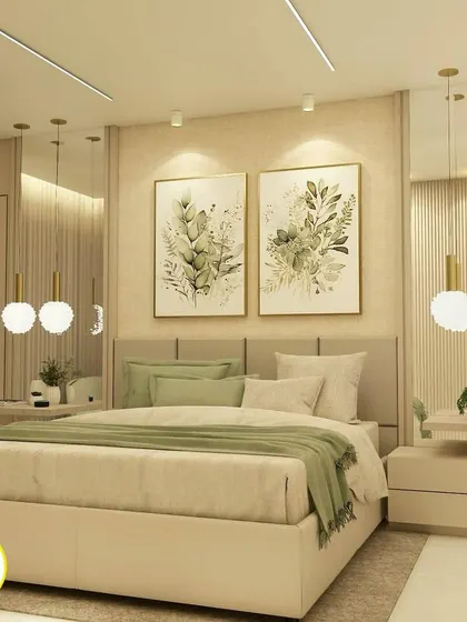 A full view of the bed with botanical art and large mirrors, creating a balanced and symmetrical look.
