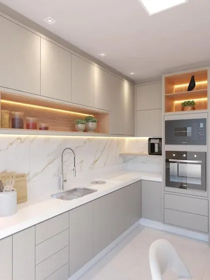 This render highlights an efficient L-shaped kitchen layout. The seamless integration of the sink and hob, along with the built-in appliance tower, creates a highly functional and ergonomic workspace.