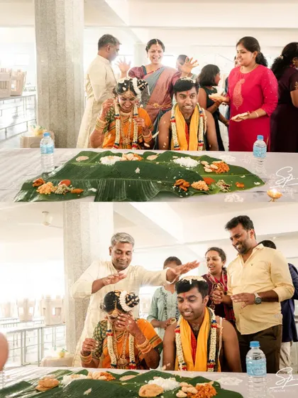 Fun and games during the post-ritual meal. These lighthearted moments show the couple's personalities and the joyous atmosphere of the celebration.