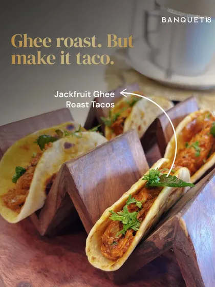 Ghee roast, but make it a taco. For a couple that wanted something rooted but fresh, we created these pulled jackfruit ghee roast tacos. They are bold, messy, and packed with the perfect balance of comfort and surprise.