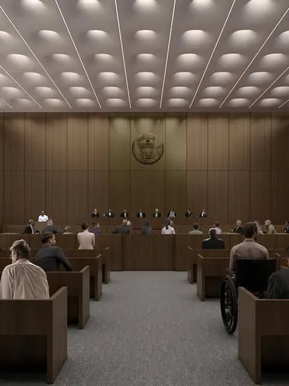 A courtroom concept for the Telangana High Court, where traditional wood paneling and arched windows are reinterpreted in a modern, minimalist language. The design aims to create a space of dignity and focus, conducive to the serious work of justice.