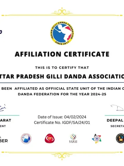 The official affiliation certificate for the Uttar Pradesh Gilli Danda Association. We certify state-level units to ensure a structured and official network for the development of traditional sports across India.