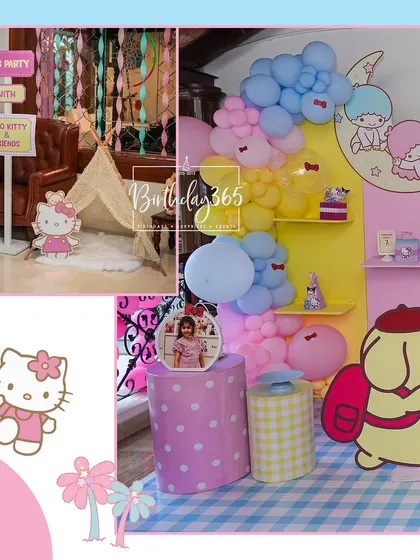 Details from our Hello Kitty party, including a cute teepee play area, character cutouts, and a pastel balloon display.