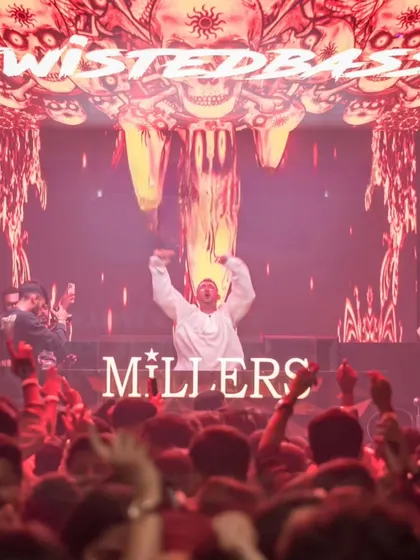 The energy at Millers in Pune was insane. This shot captures me hyping up a sea of people under my custom skull visuals.