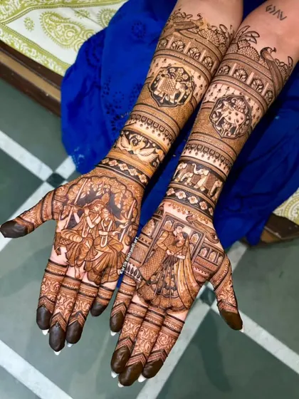 This full-hand bridal design showcases a classic wedding scene. The intricacy of the couple's figures and the surrounding traditional patterns demonstrate our commitment to quality.