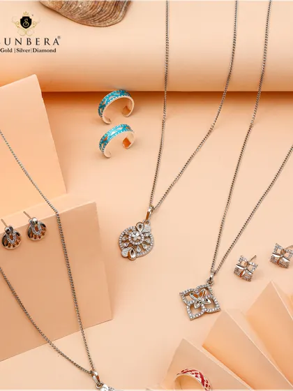 Silver that speaks elegance. This collection includes delicate chain and pendant sets, earrings, and rings, all finely curated for a timeless look.