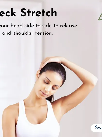 A simple neck stretch, tilting your head from side to side, can release accumulated neck and shoulder tension from looking at a screen.