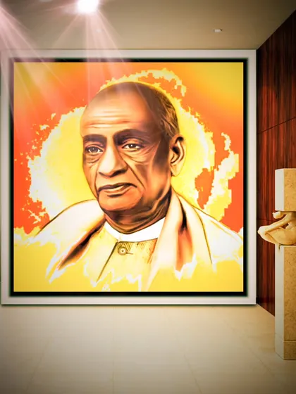 This mockup of the Sardar Patel portrait includes dramatic lighting effects, adding to its heroic quality.