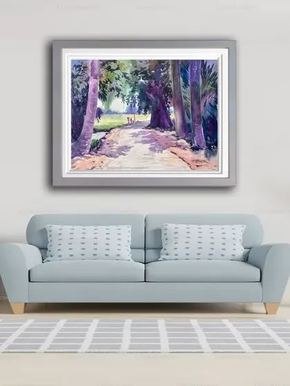 A 22x30 inch watercolor painting on handmade paper, shown here in a living room setting, capturing a peaceful path through the trees.