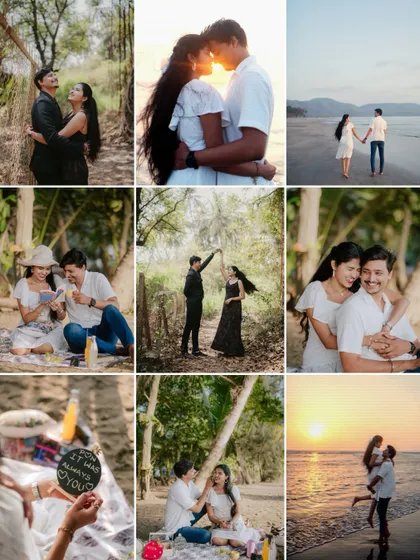 A collection of moments from a beach and forest pre-wedding shoot, showcasing different poses and moods from a single session.