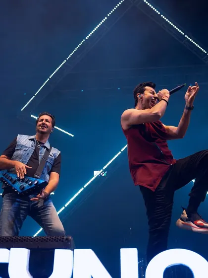 Salim and Sulaiman delivering a high-energy performance at DA-IICT Gandhinagar. Our stage setups are designed to handle dynamic artist movements and interactions.
