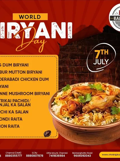 In celebration of World Biryani Day, we presented a special menu. This graphic details the full biryani spread, from four main varieties to the accompanying salan and raitas that complete the authentic experience.