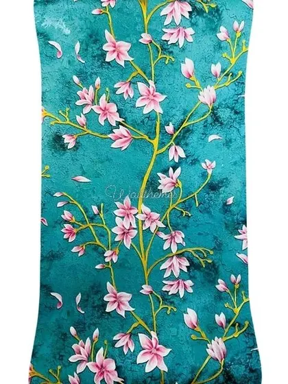A close-up of a 3D effect floral wallpaper with pink blossoms on a vibrant teal background.