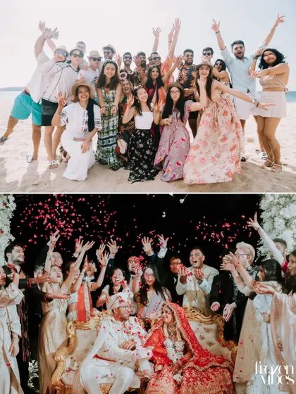 A group photo on the beach and a celebratory shot after the ceremony. These photos capture the collective joy of everyone who came to celebrate.