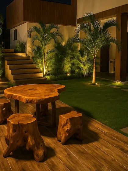 A night view of the 3D backyard concept, showcasing the warm glow of the landscape lighting on the rustic wooden furniture and palm trees.