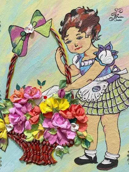 Another close-up of the girl and her basket, highlighting the sculpted bow and flowers.