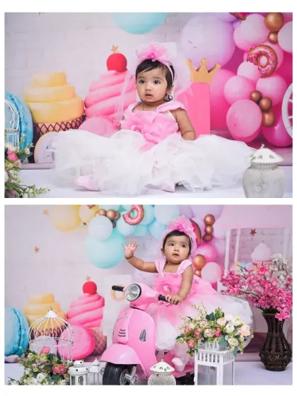 This collage from the 'Candy Land' shoot shows the baby both sitting peacefully among the props and having fun on the pink scooter, demonstrating the variety within one session.