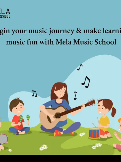 An illustration of a teacher playing guitar for a group of children. I make learning music fun and accessible, helping every child begin their unique musical journey.