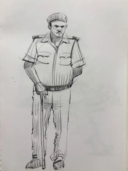 A sketch of a policeman, a study in uniforms and authoritative posture.