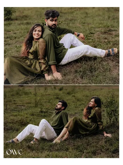A collage of a couple relaxing in a field, showing both posed and candid moments from their pre-wedding session.