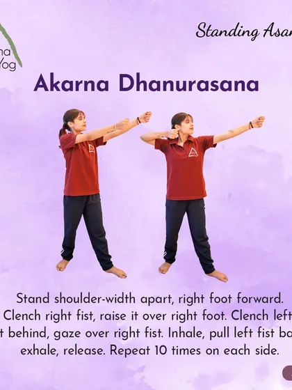 Learn Akarna Dhanurasana (Shooting Bow Pose). This standing pose improves focus and strengthens the arms and shoulders.