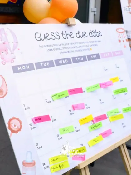 I love incorporating fun, interactive games into baby showers. This 'Guess the Due Date' calendar allowed guests to place their bets on the baby's arrival day.