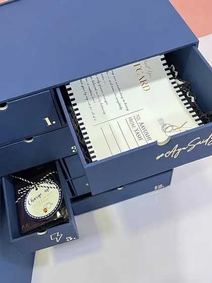 One of the drawers in the advent calendar contains a personalized postcard, a heartfelt way for the groom to write a personal note to each of his friends.