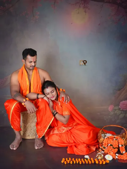 A tender moment of rest and care. This pose from our Seetha-Ram theme captures the deep bond and affection between the couple in a beautifully artistic setting.