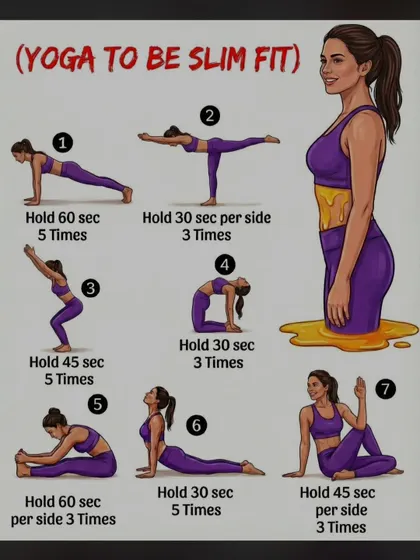 An infographic showing "Yoga to be slim fit." This routine includes poses that build strength and flexibility for a toned physique.