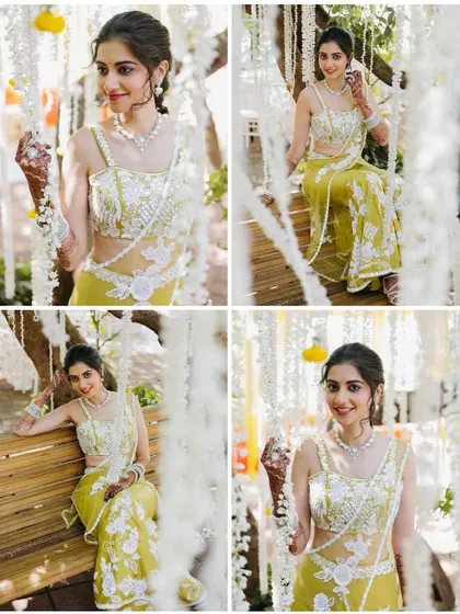 A collage of the bride looking radiant in her yellow and white Haldi outfit, posing on a swing decorated with flowers.