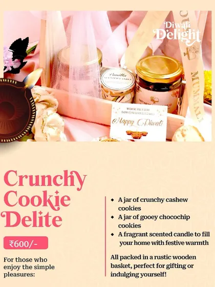 The "Crunchy Cookie Delite" hamper for Diwali, a simple and sweet gift with two types of cookies and a scented candle.