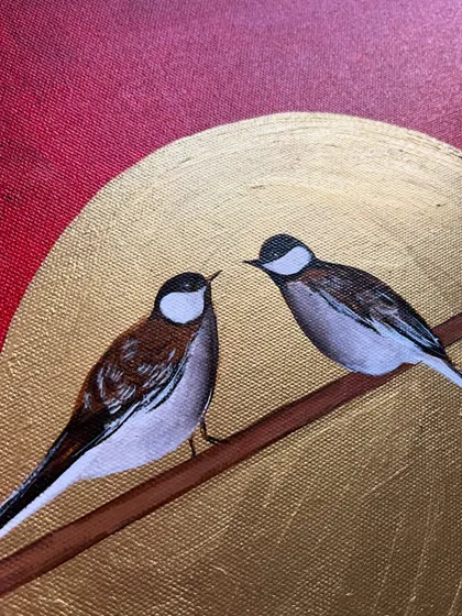 An extreme close-up on the birds, highlighting the delicate brushwork on the acrylic on canvas painting.