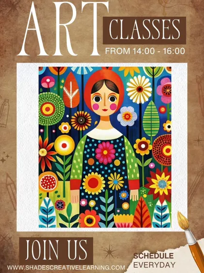Join our canvas art classes to explore your creativity on a larger scale. This promotional image highlights the vibrant and folk-art inspired styles you can learn to paint with us every day.