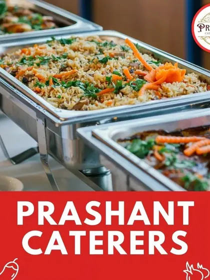 A look at our classic buffet presentation. We use professional chafing dishes to keep food like this vegetable pulao warm and fresh, ensuring a clean and organized dining experience for corporate lunches or society functions.