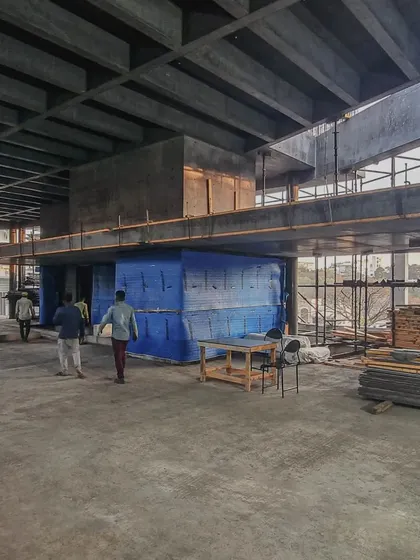 It's always exciting to experience the spaces as they take form. This is a double-height volume in black pigmented exposed concrete at our Office A project, a structurally complex element.