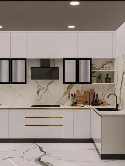 Duplicate of 156. A closer look at the white kitchen, featuring handle-less cabinets and black-framed glass shutters for a modern contrast.