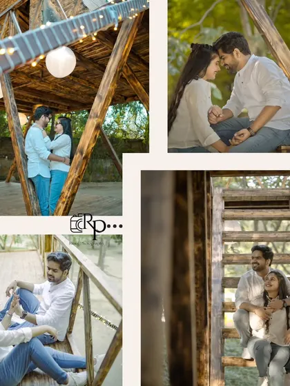 A collage showcasing the fun and romance of a rustic, outdoorsy shoot. From playful moments on a wooden bridge to intimate embraces, it captures the essence of their day.