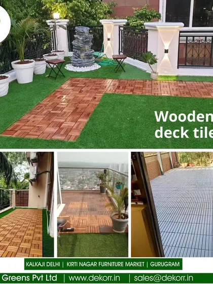 This collage showcases various applications of my wooden deck tiles. Whether on a terrace with artificial grass or a small apartment balcony, they add warmth and character to any property.