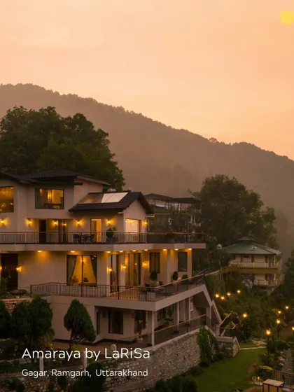 Amaraya by LaRiSa, a boutique hotel we designed in the Himalayas. The architecture uses minimal design and natural materials to blend into the mountainous landscape, offering a serene retreat with breathtaking views.